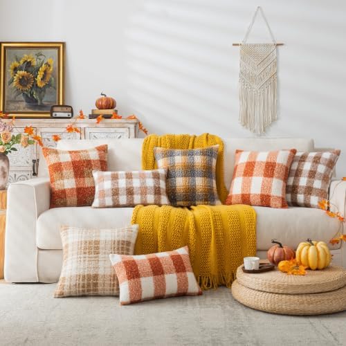 AQOTHES Plaid Fall Throw Pillow Covers Orange 22x22 Inch Set of 2 - Image 2