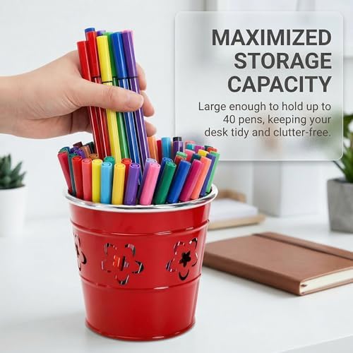 Noamus 9 Pack Metal Pen Holder, Desktop Pencil Bucket with Hollow Flower Cutouts, Colorful Makeup Brush Storage Cup, Versatile Cutlery Pots for Office Classroom School Crafts(9 Color) - Image 3