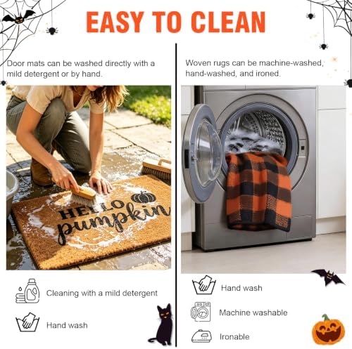 2 Pack Halloween Door Mat Set, Pumpkin Coir Mat & Orange Black Plaid Mat - Image 6