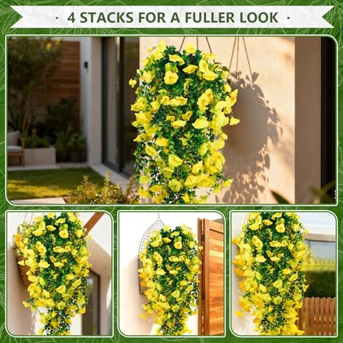 4-Pack Fake Hanging Plants, Faux Hanging Plant Artificial Greenery for Living Room Bedroom Boho Wall Shelf Indoor Outdoor Decor (Yellow Morning Glory) - Image 5