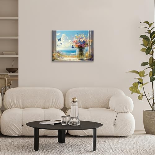 Beach Floral Bathroom Pictures Wall Art, Colorful Flower Bathroom Wall Decor, Coastal Ocean Framed Painting Canvas Artwork for Bedroom Living Room Decorations 20" L x 16" W - Image 4
