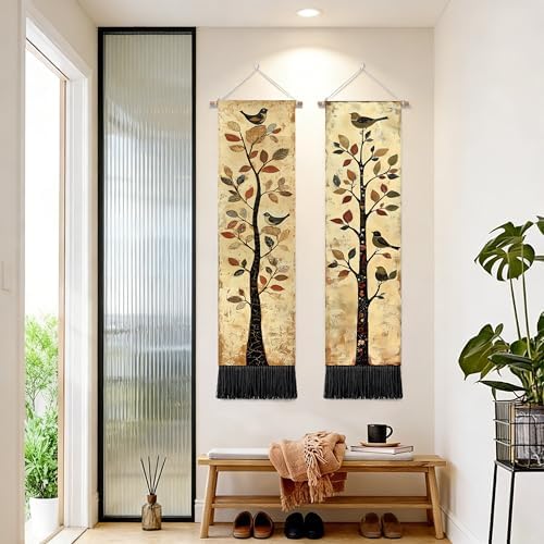 seewan 2 Pack Long Vertical Wall Tapestry, Boho Nature Landscape & Floral Aesthetic Wall Hanging for Bedroom Living Room Home Decor, Long Narrow Art Tapestry with Sunrise Mountain Botanical Designs, 13" × 51" (Vintage Bird Tree, 13"Wx51"H, Unframed) - Image 6