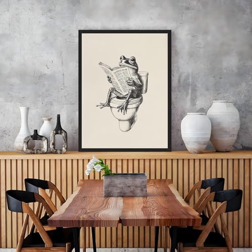RINMFEO Funny Frog Bathroom Canvas Art Retro Frog on Toilet Reading Newspaper Quirky Wall Decor Playful Animal Poster 16x24inch Black frame - Image 6