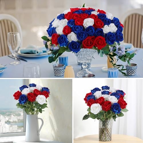 Hananona 50 Pcs Artificial Roses, Realistic Silk Flowers Bulk, RWB - Image 6