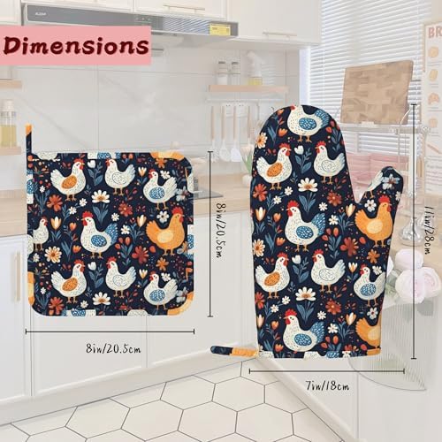 Cute Roosters Hens Chicks Heat-Resistant Silicone Oven Mitts and Pot Holders,Flower Field Long Oven Gloves with Non-Slip Grip for Cooking, Baking, Grilling,BBQ - Image 2