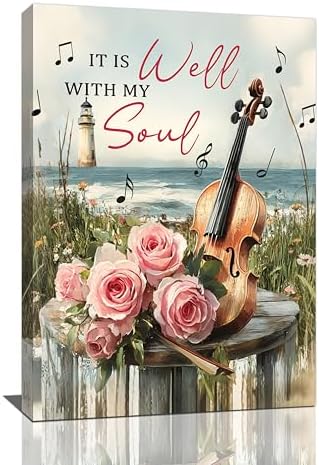 Violin Pictures Wall Art, Music Rustic Country Inspirational Bathroom Wall Decor, Coastal lighthouse Framed Painting Rose Aesthetics Canvas Artwork for Bedroom Living Room Decorations 24" L x 16" W by Taimeng