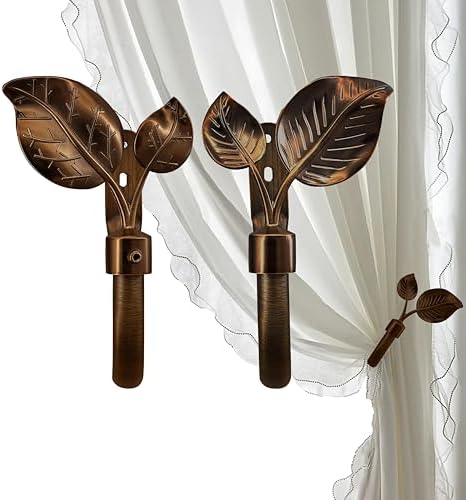 Leaf Curtain Holdbacks, Set of 2 - Wall Mounted Metal Tieback Hooks for Curtains, Adjustable Finial, Antique Bronze - Image 2