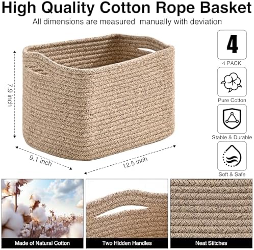 ICERZCZ Small Storage Baskets for Shelves Organizing, Woven Cotton Rope Baskets for Storage, Book Basket, Decorative Shelf Basket, 12.5"Lx9.1''Wx7.9''H (4 Packs) Mixed Brown - Image 3