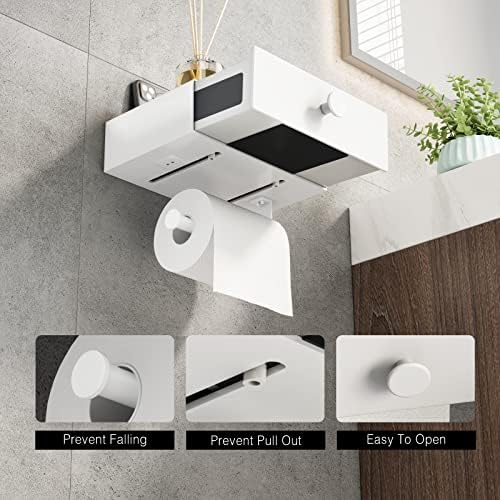 VOLDRA Toilet Paper Holder with Shelf White Wipes Dispenser for Bathroom Toilet Paper Holder with Storage Upgrade Drawer Design Toilet Tissue Holder Adhesive Small Bathroom Shelf Wall Mount - Image 3