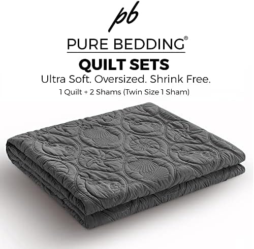 Pure Bedding Quilt Set King/Cal King/California King Size Dark Grey - Oversized Bedspread - Microfiber Coverlet - Includes 1 Quilt and 2 Shams, Ocean Star Pattern - Image 5