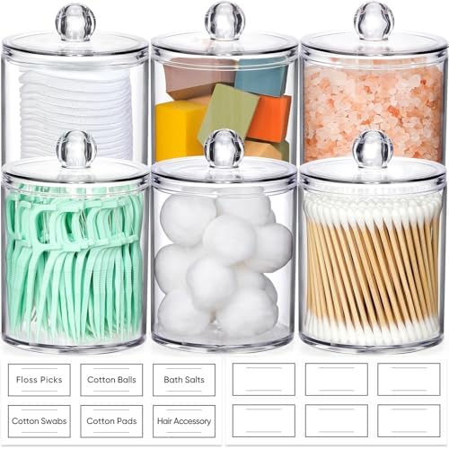 6 Pack Acrylic Qtip Holder Dispenser for Cotton Swabs, Balls, Floss Picks by AOZITA
