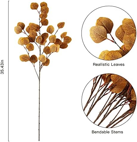 Sggvecsy 6 Pcs Fall Eucalyptus Leaves Artificial Eucalyptus Stems Long Silver Dollar Leaves Autumn Leaf Branches Fake Silk Eucalyptus for Christmas Home Autumn Thanksgiving Decor(Dark Yellow) - Image 7