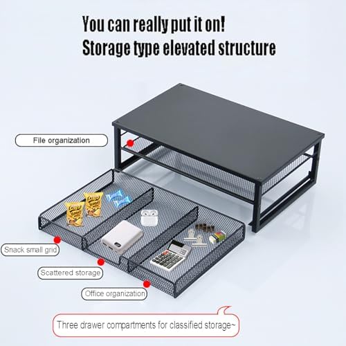 Desktop Monitor Stand with Drawers, 2-Layer Elevated Computer Laptop Riser with Storage, Metal Mesh Organizer Rack for Office - Image 2