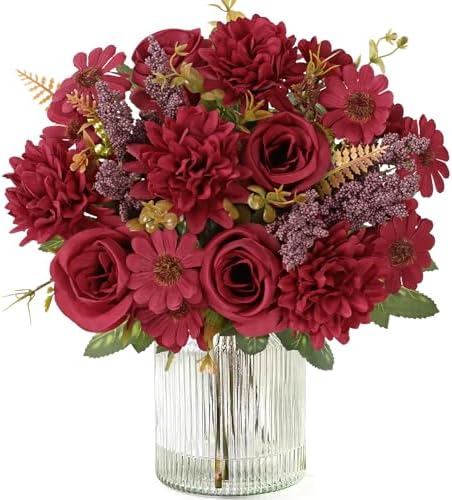 Dremisland Artificial Flowers 2 Bundles Burgundy Fake Roses Silk Bouquets by Dremisland
