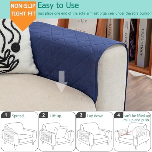 Sofa Armrest Organizer with 6 Pockets, Non-Slip Couch Recliner Armchair Caddy, Washable Remote Controls Holder, Storage for Magazine, Tablet (Navy) - Image 4