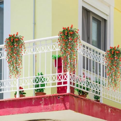 Artificial Hanging Flowers for Outdoor Indoor Decor, 6 Packs Fake Eucalyptus Vine Faux Flower Greenery Garland Plastic Plants Outside UV Resistant Wall Garden Wedding Home Party Decor (Orange) - Image 5
