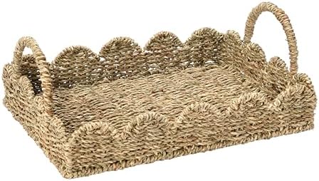 Household Essentials Seagrass Decorative Tray with Scalloped Edge, Handwoven Natural Wicker Organizer Basket with Handles & Iron Frame for Coffee Tables, Bathrooms & Countertops by HouseholdEssentials