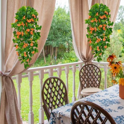 BLEUM CADE Artificial Hanging Flowers for Outdoors, 4pcs Fake Hanging Plants Pothos Vines with Orange Flowers for Wall Home Living Room Indoor Outdoor Fall Decor (No Baskets) - Image 6