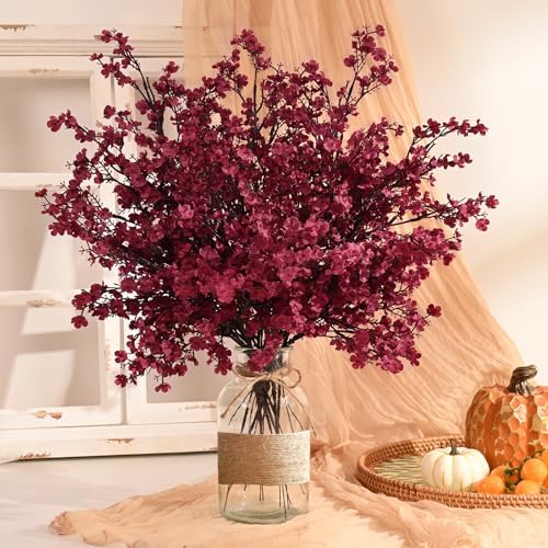 Waipfaru 6Pcs Fake Flowers Babys Breath Silk Artificial Flowers Gypsophila Bouquets Bulk Real Touch Fall Stems for Fall Thanksgiving Decor Autumn DIY Floral Arrangement Table Centerpieces, Wine Red - Image 2