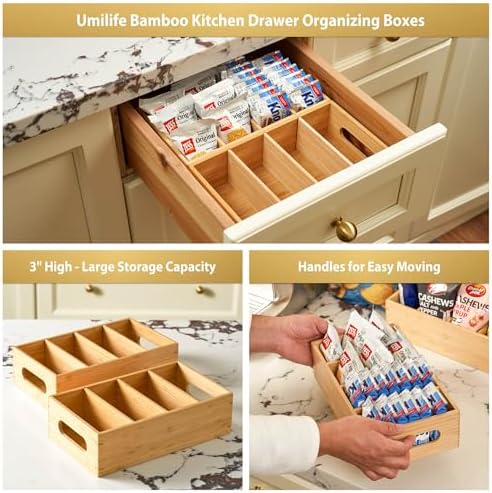 Umilife Bamboo Pantry Organizers and Storage Bins with Removable Dividers, Kitchen Drawer Cabinet Countertop Organization for Snack, Spice Packets, Teabags, Seasoning Pouches (2 Pack) - Image 5