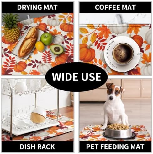 Fall Dish Drying Mat for Kitchen Counter Autumn Orange White Pumpkin Maple Leaves Dishes Drying Pad Thanksgiving Absorbent Microfiber Dish Drainer Rack Mat Holiday Dish Mat 16x18 Inch - Image 7