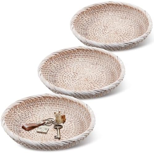 Hushee 3 Pcs Small Wicker Key Basket Entryway Table, White, Round by Hushee