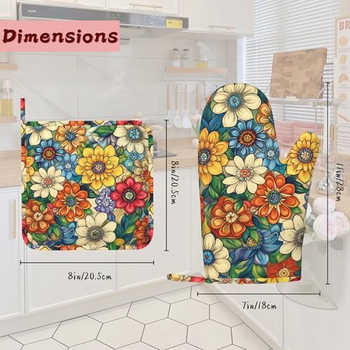 Flower Heat-Resistant Silicone Oven Mitts and Pot Holders,Cute Mandala Floral Long Oven Gloves with Non-Slip Grip for Cooking, Baking, Grilling,BBQ - Image 2