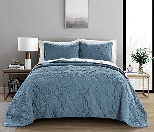 Pure Bedding Quilt Set Full/Queen Size Ash Blue - Oversized Bedspread - Soft Microfiber Coverlet for All Season - Includes 1 Quilt and 2 Shams, Ocean Star Pattern - Image 2
