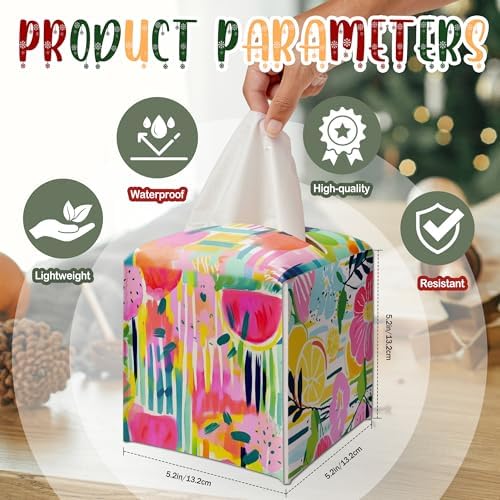 Modern Square Leather Tissue Box Cover/Case Holder Gifts for Women Family and Friends, Decorative Holder/Organizer for Bathroom Kitchen Nightstand Office Home (Colorful Rainbow Fruits) - Image 2