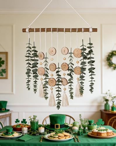 St. Patrick's Day Greenery Wall Hanging - Boho Artificial Eucalyptus & 16.5" Wooden Stick for Farmhouse Rustic Living Room Decor - Image 3