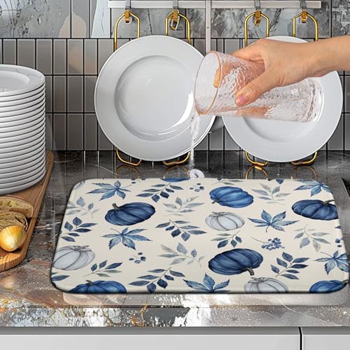 Fall Dish Drying Mat Blue Pumpkin Maple Leaves Drying Mats for Kitchen Counter 16x18 Inch Autumn Thanksgiving Absorbent Microfiber Dish Draining Mat Dishes Pad with Hanging Loop - Image 5