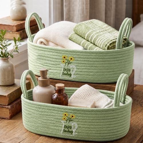 Sage Green Daisy Woven Storage Basket for Toilet Tank Top Boho Floral Cotton Rope Bathroom Countertop Organizer Basket with Handle Bathroom Decor by BBSET