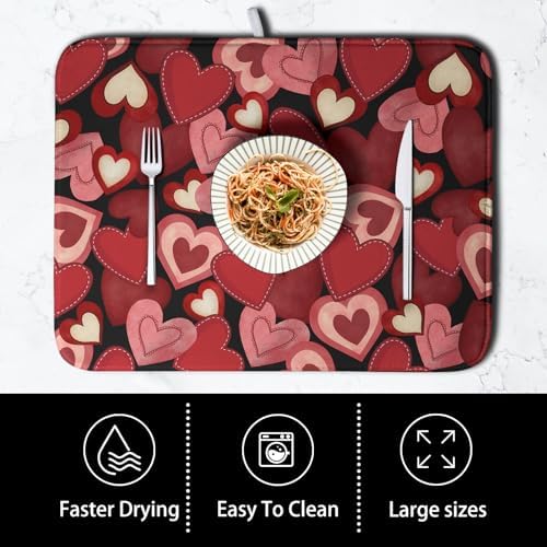 Valentine Dish Drying Mat for Kitchen Counter Red Black Love Heart Drying Pad Microfiber Absorbent Coffee Bar Mat Heat Resistant Countertop Protector Dishes Drainer Mat 18x24 Inch - Image 4
