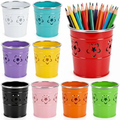 Noamus 9 Pack Metal Pen Holder, Desktop Pencil Bucket with Hollow Flower Cutouts, Colorful Makeup Brush Storage Cup, Versatile Cutlery Pots for Office Classroom School Crafts(9 Color) by Noamus