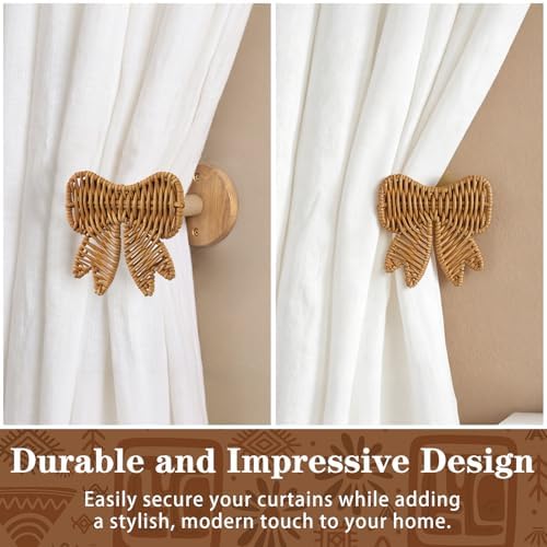 Leinuosen 2 Pack Boho Curtain Holdbacks Rattan Tiebacks, Bow - Image 4