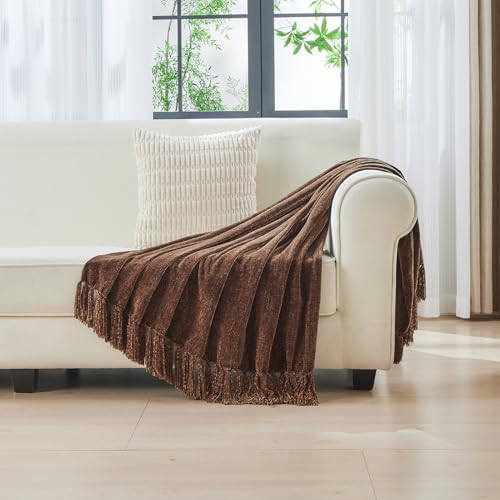 CozeCube Chenille Throw Blanket, Dark Brown Fringe Blanket, 60"X80" - Image 3