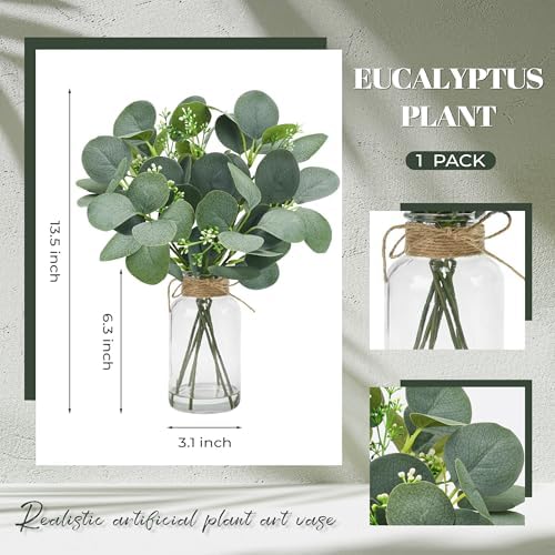 Der Rose 13.5" Sage Green Faux Eucalyptus in Clear Vase for Bathroom Decor - Image 3