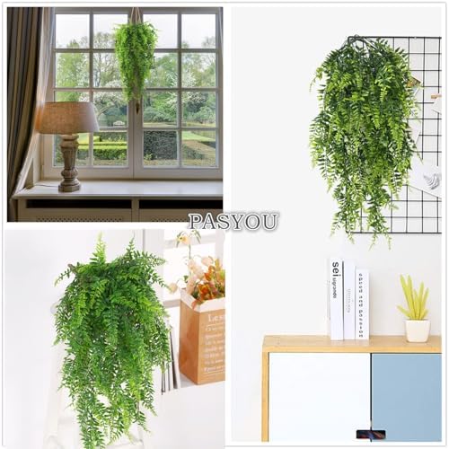 Artificial Boston Hanging Plants, Fake Ferns Ivy Plastic Plant Vine Faux Leaves UV Resistant Vines Greenery for Indoor Outdoor Bathroom Decor Office Garden Party Wedding DIY Decoration 4 Pack - Image 4
