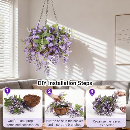 Artificial Hanging Flowers with Basket Plants - Wisteria Hanging Plants for Spring Outdoor Decoration, UV Resistant Fake Flowers Hanging Silk Flowers for Porch Patio Garden Yard Home Decor - Image 3