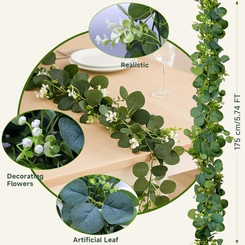 4 Packs 5.74 Ft Artificial Eucalyptus Garland Leaves with Flowers Artificial Fake Greenery Hanging Vines for Wedding Table Home Stairs Decor Decorations Garland for Mantle - Image 4