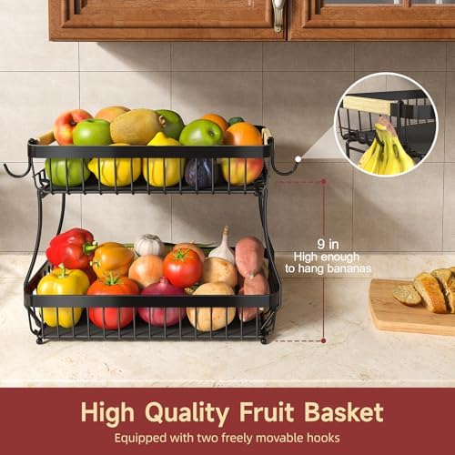 Sevenblue 3-Tier Fruit Basket with Banana Hangers, Detachable Metal Bowl - Image 2