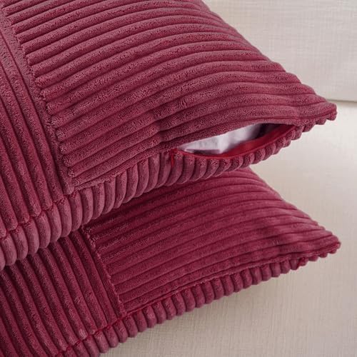 Fancy Homi 2 Packs Burgundy Euro Decorative Throw Pillow Covers 28x28 Inch for Bed, Rustic Farmhouse Boho Home Decor, Soft Corss Corduroy Patchwork Textured Square Cushion Case 71x71 cm - Image 4