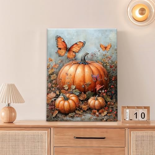 Fall Pumpkin Pictures Wall Art, Rustic Thanksgiving Bathroom Wall Decor, Farmhouse Autumn Butterfly Framed Painting Canvas Artwork for Harvest Gift Bedroom Living Room Decorations 20" L x 16" W - Image 2