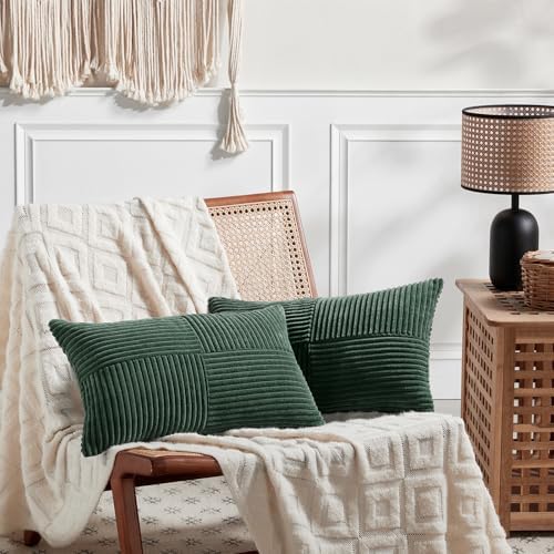 Fancy Homi Set of 2 Dark Green Lumbar Decorative Throw Pillow Covers 16x32 Inch for Living Room Couch Bed, Boho Farmhouse Forest Green Home Decor, Soft Corduroy Corss Patchwork Cushion Case - Image 6