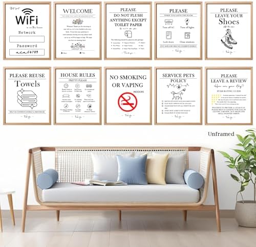 Kacenamo 10 Wall Art Print Welcome Kit Signs Unframed, Vacation Rental Airbnb Host Essentials, Welcome, House Rules, Do Not Flush, WiFi, Leave Shoes, Reuse Towels, Pets Policy, No Smoking (11"×14") - Image 2