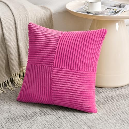 Fancy Homi 2 Packs Hot Pink Samll Decorative Throw Pillow Covers 14x14 Inch with for Couch Bed Sofa, Rustic Farmhouse Boho Home Decor, Soft Corss Patchwork Corduroy Square Cushion Case 35x35 cm - Image 2