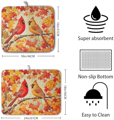 Fall Dish Drying Mats for Kitchen Counter Maple Leaf Cardinal Birds Dish Draining Mat 18x24 Inch Autumn Thanksgiving Dish Rack Mat Microfiber Absorbent Dish Drainer Pad - Image 2