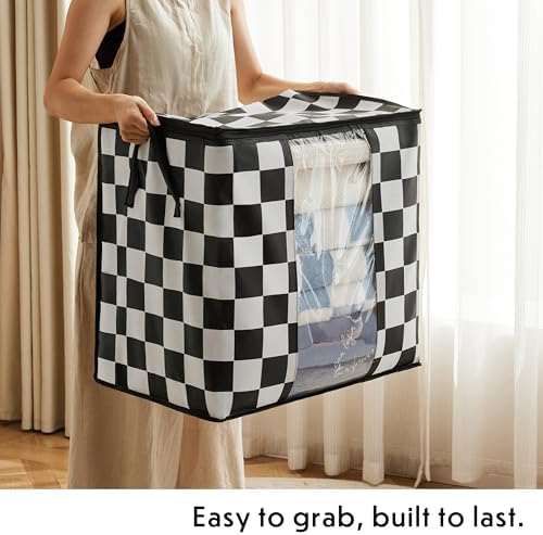 Ohocut Black and White Checkered Clothes Storage Bins, 100L Large Blanket Storage Bags 3 Pack, Closet Organizers and Storage Containers for Comforters, Bedding, Foldable Organizer with Handle - Image 5