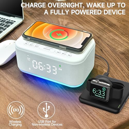 Alarm Clock Speaker Wireless Charger, Digital Alarm Clocks Bedrooms Bluetooth, Alarm Clock Dimmable Light Bedrooms Dual Alarm Snooze Dimmer 12 24H RGB Night Light Bluetooth USB AUX, White - Image 5