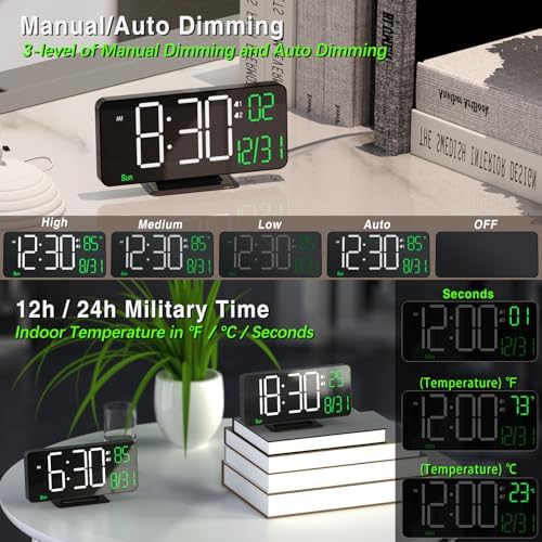 KOSUMOSU Digital Clock for Bedroom, 6.7in Black Alarm Clocks for Bedrooms,Auto Dimming, Date, Day of Week, Indoor Temperature,Digital Alarm Clock,Clocks for Living Room - Image 4
